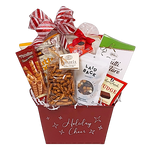 An abundance of delicious munchies make this a perfect snacking basket for someone special to receive.  There's cookies, pretzels, chocolate, popcorn, candies and a sweet & salty snack mix. Sure to satisfy the Christmas munchies! 
