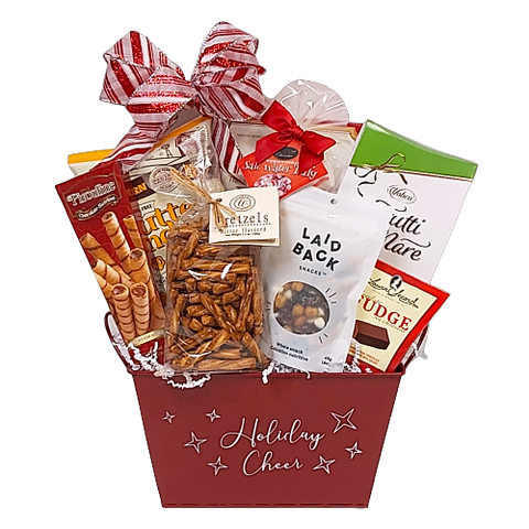 An abundance of delicious munchies make this a perfect snacking basket for someone special to receive.  There's cookies, pretzels, chocolate, popcorn, candies and a sweet & salty snack mix. Sure to satisfy the Christmas munchies! 