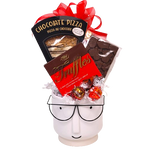 Our handsome selfie pot is loaded with chocolate delights to savour! There's delicious chocolate truffles, Lindt singles, fudge and of course chocolate pizza for a little extra pizzazz!  