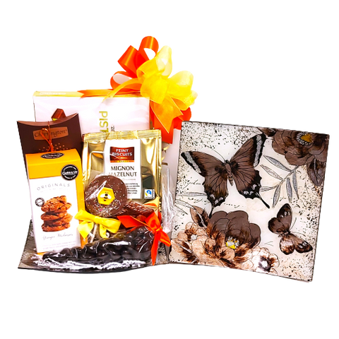 A beautiful keepsake butterfly platter filled with a delicious assortment of  sweet treats including chocolate delights and assorted cookies to indulge in!