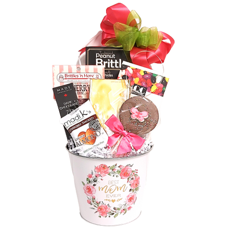 Our "Best Mom Ever" tin is brimming with sweet treat delights. There's peanut brittle, jelly beans, candy treats, chocolates and nuts too! Your mom's the best and deserves to be showered with sweet treats to enjoy!