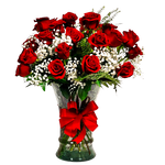 Beautiful floral arrangement of two dozen red roses with baby's breath in a large vase