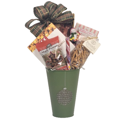 Send your Holiday wishes in this pretty tin vase filled with a cute tree ornament to keep and yummy chocolate, sweet treats, nuts, pretzels and more to enjoy. Tree ornament and tin design may vary.