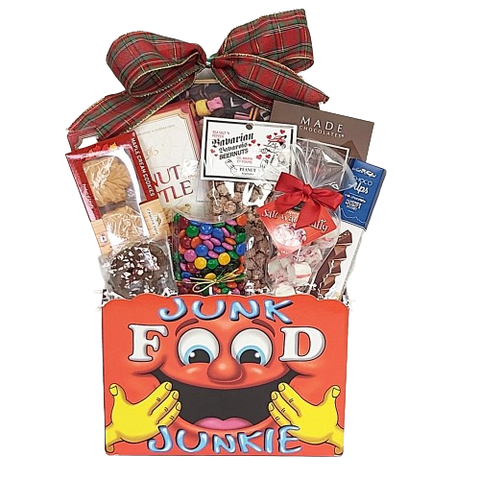Specially created for the Junk Food Junkie on your list! They'll be thrilled to indulge in the many treats loaded in our cute designer box. There's chocolates, nuts, brittle, cookies and more!