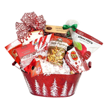 Lots of delicious treats for the yuletide party. They'll enjoy truffles, popcorn, brittles, candy, apple chips, almonds and a bunch more! Something for all to enjoy! Container design may vary.