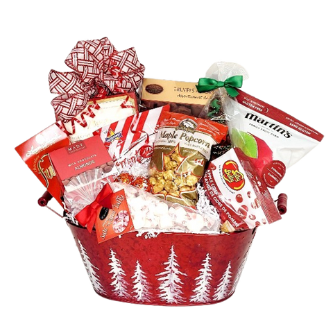 Lots of delicious treats for the yuletide party. They'll enjoy truffles, popcorn, brittles, candy, apple chips, almonds and a bunch more! Something for all to enjoy! Container design may vary.
