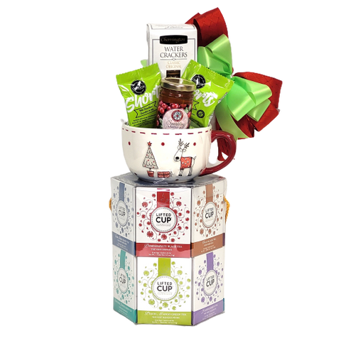 The tea lover on your list will love this tower of assorted teas along with the tasty shortbread, jam and crackers and a beautiful festive mug to keep! Sure to keep them warm on a cold blustery day!