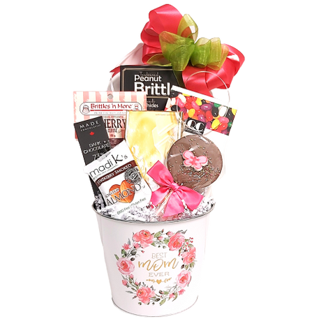 Best Mom Ever gift basket filled with sweet treats, brittle, jelly beans, candy treats, chocolates and nuts.