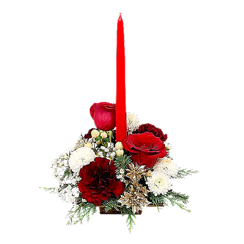 This centrepiece is a pretty floral arrangement to be enjoyed by candlelight to add a soft touch of tenderness to the festivities.