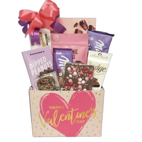 This Valentine's Day gift box is curated with a scrumptious selection of delicious chocolate treats, including chocolate cookies, chocolate covered pretzels, brownie bites, fudge, truffles and more. Show your love with a variety of chocolate favourites.