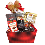 This handsome red and black checked basket is brimming with soooo much delectable chocolate!  There's chocolate pizza, chocolate cookies, chocolate covered jujubes, chocolate fudge, gourmet chocolate sauce and chocolate almonds too! Mmmmm CHOCOLAT! Sure to be enjoyed by the chocolate lover! 