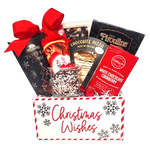 A delightful assortment of chocolate treats are nestled in our wooden Christmas Wishes box. They'll love to indulge in chocolate pizza, chocolate wafers, chocolate shortbread, chocolate bars and more!