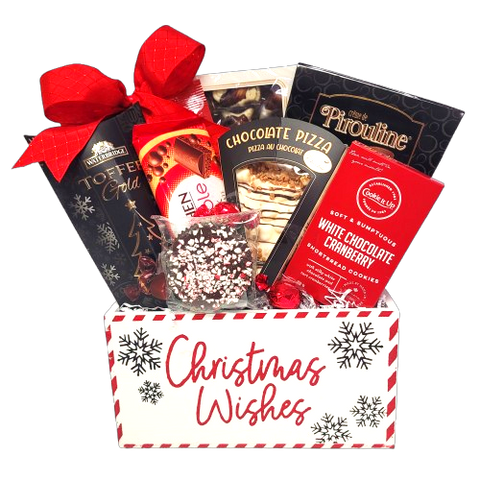 A delightful assortment of chocolate treats are nestled in our wooden Christmas Wishes box. They'll love to indulge in chocolate pizza, chocolate wafers, chocolate shortbread, chocolate bars and more!