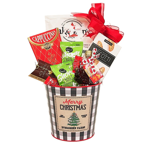 Nestled in our "Merry Christmas" tin are all the fixings for a delicious breakfast brunch. There's pancake mix, biscotti, coffee, maple syrup, shortbread and chocolates too!