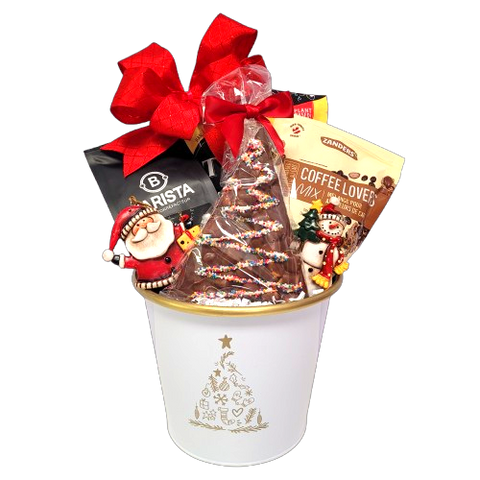 A coffee lover will love to receive this gift basket designed in our beautiful Christmas tree tin. It's filled with specialty coffee, coffee flavoured treats, biscotti, chocolate and more along with a festive ornament to keep after all the treats have been enjoyed.