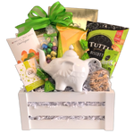 Easter teatime will be extra special with this pretty white crate holding a whimsical elephant tea pot along with tea, fruit drops and lots of cookies, chocolate and popcorn too!