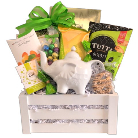 Easter teatime will be extra special with this pretty white crate holding a whimsical elephant tea pot along with tea, fruit drops and lots of cookies, chocolate and popcorn too!