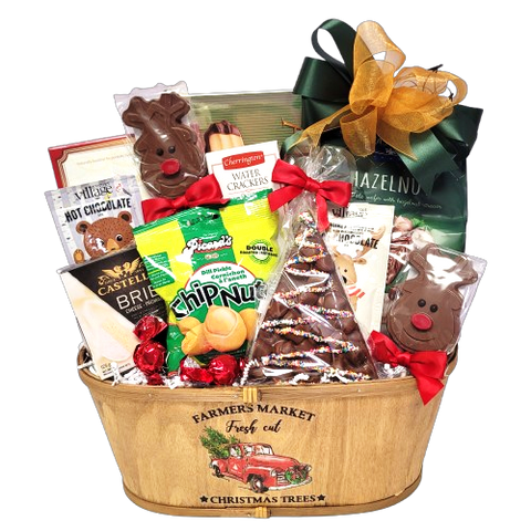 Tasty treats for everyone abound in this tree trucking farmer's market gift basket. There's crackers and cheese, hot chocolate, brittle and nuts, chocolates and cookies too! A great assortment to enjoy during all the holiday hustle and bustle!