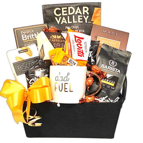 Father's Day gift basket filled with pita chips, cheese, cookies, chocolate, brittle and of course specialty coffee and our "dad Fuel" mug.