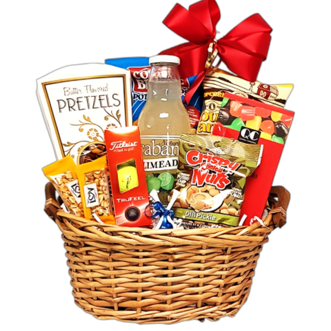 Father's Day wicker gift basket filled with a trio of golf balls and a couple of golf tees for the golf game and lots of sweet and salty snacks to enjoy at the ninth hole.