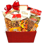 Red and black checkered gift basket filled with an assortment of pretzels, candy, brittle and nuts too.