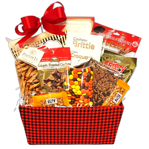Red and black checkered gift basket filled with an assortment of pretzels, candy, brittle and nuts too.