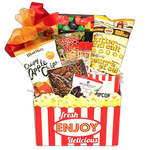 Decorative popcorn box filled with popcorn and seasoning, chocolate, nuts, apple chips, cookies and a yummy candy mix.