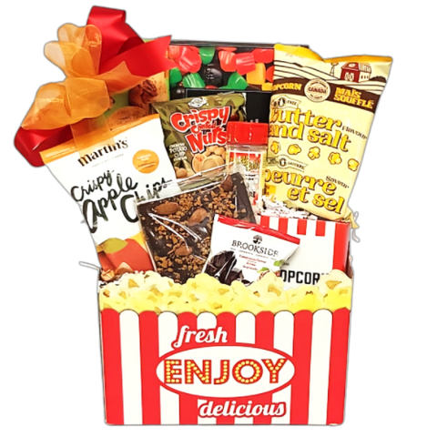 Decorative popcorn box filled with popcorn and seasoning, chocolate, nuts, apple chips, cookies and a yummy candy mix.