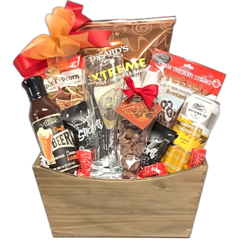 Wooden crate filled with Dad's favourites. There's chips, caramel corn, pretzels, BBQ sauce, shortbread and more along with some beer and a beer glass of course.