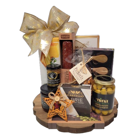 Perfect for entertaining! This classic acacia wood charcuterie board is brimming with artisanal salami, olives, mustard, cheese topping, crackers, brie and other gourmet delights. To complete this gift, there's a holiday ornament and a beautiful cheese knife set.