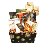 Send some warmth with this cozy fireside gourmet gift basket. It's filled with wonderful comfort foods to enjoy by the fireside. There's crackers and cheese, smoked salmon, dip mix, pretzels, mustard and of course some delectable chocolates too!