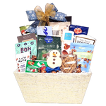 Frosty's favourites are overflowing in this beautiful gift basket. There's lots of sweet and salty snacks for the whole gang to enjoy! There's popcorn, truffles, cookies, wafers, pretzels, chocolate bark, savoury nut mix, jelly beans, BonBon gummies and more.