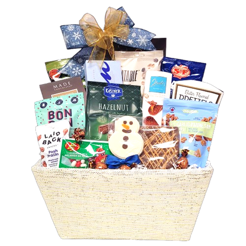 Frosty's favourites are overflowing in this beautiful gift basket. There's lots of sweet and salty snacks for the whole gang to enjoy! There's popcorn, truffles, cookies, wafers, pretzels, chocolate bark, savoury nut mix, jelly beans, BonBon gummies and more.