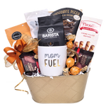 Gift basket with mug for mom, coffee, cookies, chocolate pizza, nuts and more. 
