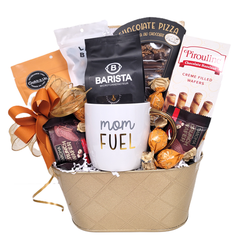 Gift basket with mug for mom, coffee, cookies, chocolate pizza, nuts and more. 