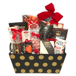 Something for all to enjoy is nestled in this elegant black and gold basket. There's chocolates, savoury snacks, crackers and cheese with cheese topping too, brittle, fudge, mini pepperoni and more.