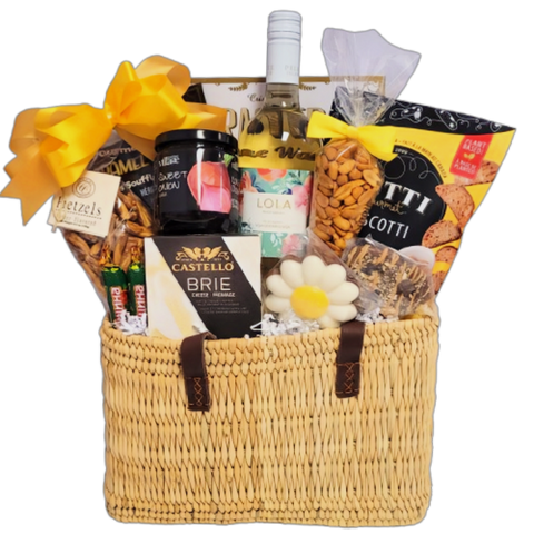 Gourmet, treats and wine gift basket.