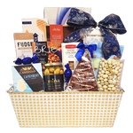 A beautiful crowd pleaser that's sure to impress! This gift basket is loaded with smoked salmon, crackers, cheese, olives, pretzels, nut mix, Brie topper, fudge, cookies, chocolate and more all artfully designed in our elegant white and gold tin!