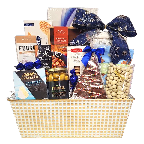 A beautiful crowd pleaser that's sure to impress! This gift basket is loaded with smoked salmon, crackers, cheese, olives, pretzels, nut mix, Brie topper, fudge, cookies, chocolate and more all artfully designed in our elegant white and gold tin!