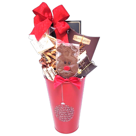 Our pretty Happy Holidays container is filled with lots of sweet treats to enjoy. There's brittle, pretzels, chocolate and candy too! A special gift basket that makes a great hostess gift to show your thanks!