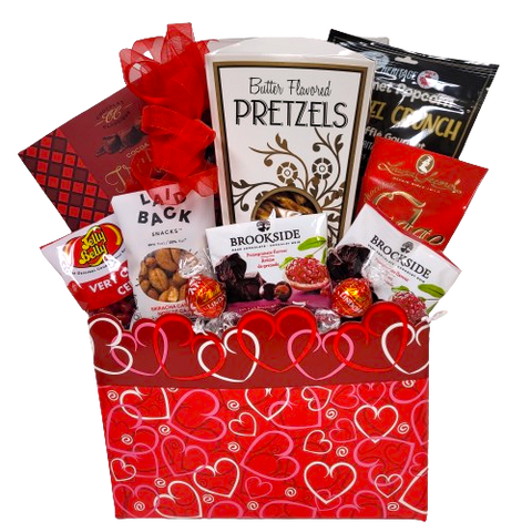 Send your heartfelt wishes with this designer gift box filled with lots of treats to savour. There's luscious truffles, pretzels, fudge, nuts, jelly beans and more.