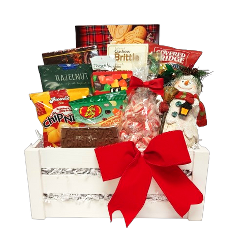 Warm the heart with this beautiful wooden crate filled with shortbread, chocolate delights, nuts, jelly beans, wafers, jujubes and chips along with a keepsake Christmas ornament to keep after the all the scrumptious goodies have been enjoyed!