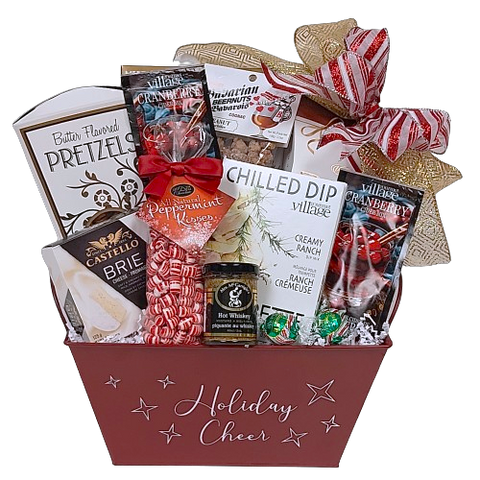 A little bit of cheer is nestled inside this festive tin including cheese and crackers, dip mix, gourmet mustard, pretzels, mulling spice or hot chocolate drink mix. There's even a couple truffles to add a touch of sweetness.