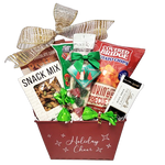 Satisfy the Christmas munchies with this loaded gift basket of treats. There's pretzels, brittle, chocolates, festive gummies, snack mix, nuts, chips and more! Sure to satisfy the Christmas cravings!