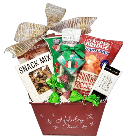 Satisfy the Christmas munchies with this loaded gift basket of treats. There's pretzels, brittle, chocolates, festive gummies, snack mix, nuts, chips and more! Sure to satisfy the Christmas cravings!