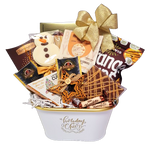 Bring a touch of warmth to the Holidays with this beautiful basket brimming with tea and shortbread, chocolates and cookies and wonderful sweet treats along with a pretty ornament to decorate the tree with.