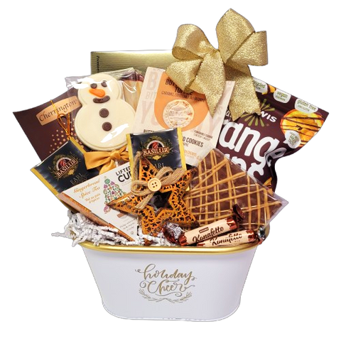 Bring a touch of warmth to the Holidays with this beautiful basket brimming with tea and shortbread, chocolates and cookies and wonderful sweet treats along with a pretty ornament to decorate the tree with.