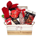 Send some joy with this beautifully crafted wooden gift basket loaded with crackers and cheese, Brie topping mix, truffles and chocolate, candies, chocolate covered treats, shortbread and wafers too.