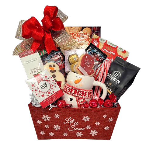 Warm up a chilly day with this gift basket filled with warming up coffee, hot chocolate, cider mix, tea and a festive mug too. There's also shortbread, festive gummies, fruit snacks and chocolates to enjoy. Sure to warm the heart on a cold snowy day!