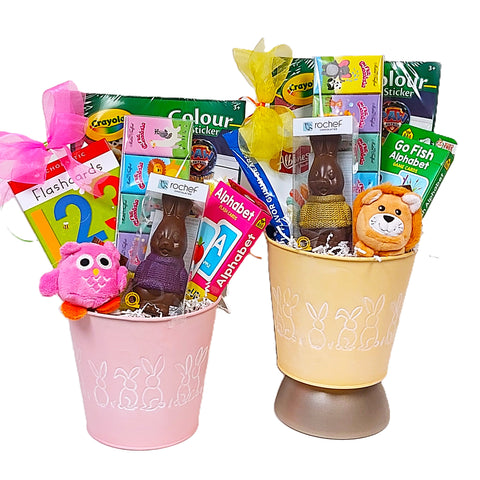 Your little grasshopper will be thrilled with this basket filled with Easter treats, a cute little plush toy, a colouring book and fun activities. This one's sure to be a hit with the little grasshopper on your list! In the "Special Instructions" please indicate the age and gender of the child so we can include age appropriate items. Two variations of this gift basket are shown. Only 1 gift basket is included.
